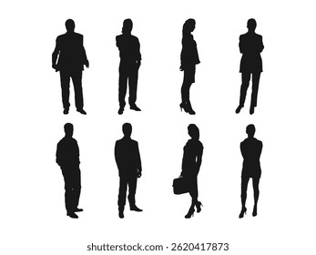 Silhouette business people set. Group of businessmen and women. people standing, walking, men, women, full length. Black monochrome Vector illustrations isolated on a white background.
