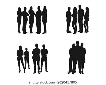 Silhouette business people set. Group of businessmen and women. people standing, walking, men, women, full length. Black monochrome Vector illustrations isolated on a white background.