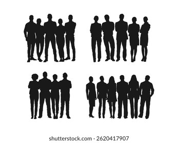 Silhouette business people set. Group of businessmen and women. people standing, walking, men, women, full length. Black monochrome Vector illustrations isolated on a white background.