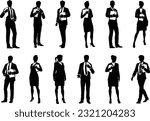 Silhouette business people set. Men and women, smartly dressed, some with clipboards.