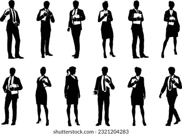 Silhouette business people set. Men and women, smartly dressed, some with clipboards.