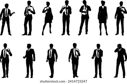 Silhouette business people set. Men and women, smartly dressed, some with clipboards.