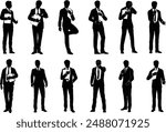 Silhouette business people set. Smartly dressed men in suits and ties, some with clipboards.