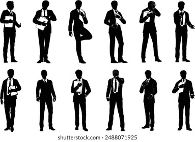 Silhouette business people set. Smartly dressed men in suits and ties, some with clipboards.