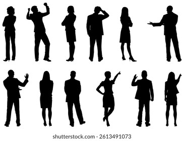 Silhouette business people standing with backs set vector. Cartoon different professional corporate employees talk, discussion of team of male and female characters, backside view isolated on white