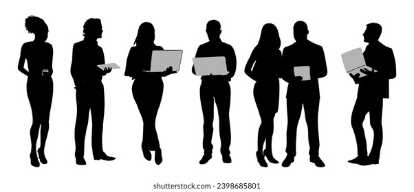 Silhouette de empresarios de pie con laptop