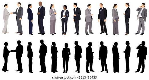 Silhouette of business people talking and discussing. Greeting gesture, handshake of businessmen, businesswomen. Flat graphic vector illustrations isolated on white background