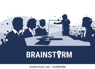 Silhouette Business People Team With Flip Chart Seminar Training Conference Brainstorming Presentation Financial Graph Flat Vector Illustration