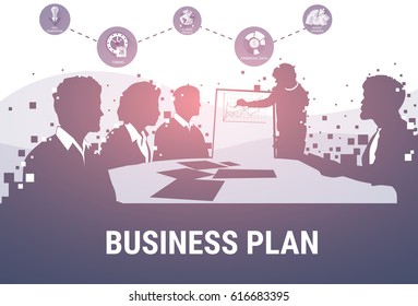 Silhouette Business People Team With Flip Chart Seminar Training Conference Brainstorming Presentation Financial Graph Flat Vector Illustration