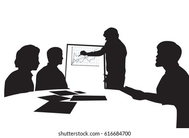 Silhouette Business People Team With Flip Chart Seminar Training Conference Brainstorming Presentation Financial Graph Flat Vector Illustration