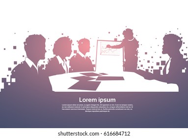 Silhouette Business People Team With Flip Chart Seminar Training Conference Brainstorming Presentation Financial Graph Flat Vector Illustration