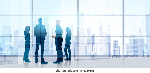 Silhouette Business People Team Stand Talking Seminar Training Conference Brainstorming In Modern Office Flat Vector Illustration