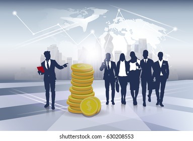 Silhouette Business People Team Success Finance Money Wealth Flat Vector Illustration