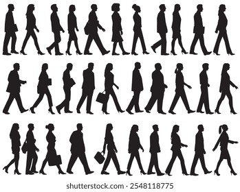 Silhouette of business people walking with hand bags, men and women in full length and side view. Vector silhouette illustration isolated of businesspeople on white background