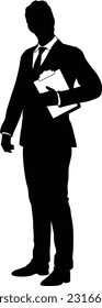 Silhouette business person man in a smart suit and tie holding a clipboard.