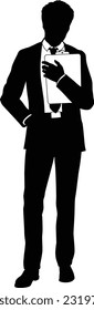 Silhouette business person man in a smart suit and tie holding a clipboard.