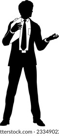 Silhouette business person man in a smart suit and tie holding a clipboard.