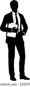 Silhouette business person man in a smart suit and tie holding a clipboard.