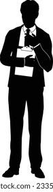 Silhouette business person man in a smart suit and tie holding a clipboard.