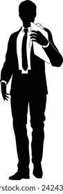 Silhouette business person man in a smart suit and tie holding a clipboard.