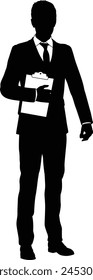 Silhouette business person man in a smart suit and tie holding a clipboard.