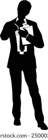 Silhouette business person man in a smart suit and tie holding a clipboard.