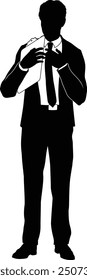 Silhouette business person man in a smart suit and tie holding a clipboard.