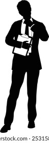 Silhouette business person man in a smart suit and tie holding a clipboard.