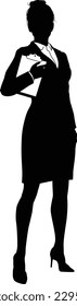 Silhouette business person woman in smart clothes holding a clipboard.