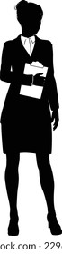 Silhouette business person woman in smart clothes holding a clipboard.