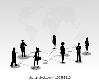 Silhouette of business persons standing on network connections. EPS 10.