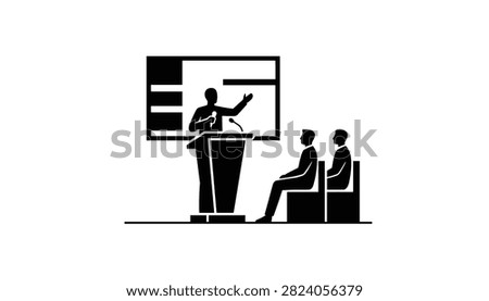 Silhouette of a business speaker giving a presentation at a podium to a seated audience, vector design.