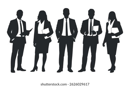 Silhouette of a business team of four men and women in suits, holding files, conveying professionalism and collaboration.