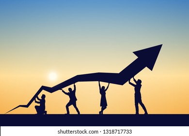 Silhouette of business team help push the graph up at sky and sunset background. Teamwork, success, and goal concept. Vector illustration.