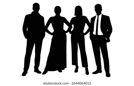Silhouette of a business team, two men and two women, standing together in formal attire. Professional, confident, and united.
