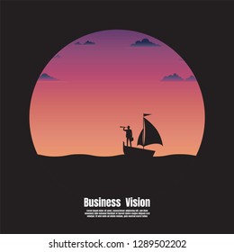 Silhouette business. Business vision concept. Businessman holding telescope standing on sailboat looking go to the success. Vector illustration flat