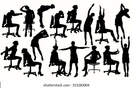 Silhouette of business woman doing exercise at the office.