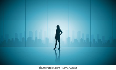 Silhouette business woman standing in building looking at Cityscape view on blue color background