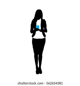 Silhouette Business Woman Using Cell Smart Phone Isolated Over White Background Flat Vector Illustration