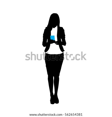 Silhouette Business Woman Using Cell Smart Phone Isolated Over White Background Flat Vector Illustration