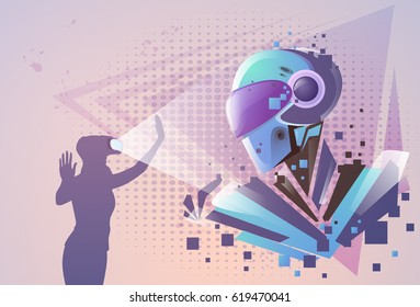 Silhouette Business Woman Wear Virtual Reality Digital Glasses See Modern Robot Vector Illustration