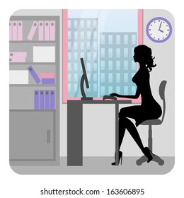 Silhouette business woman working in office. Vector 