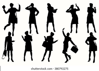 Silhouette business woman. Young woman standing in various poses.