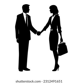 Silhouette of business women holding bags and business men shaking hands black color isolated on white vector illustration