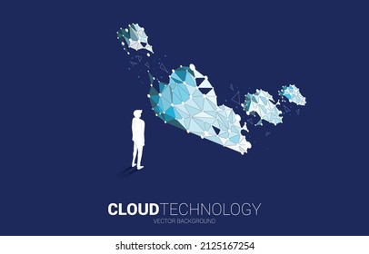 Silhouette businessman with 3D cloud polygon. Concept of digital virtual reality technology and AR .