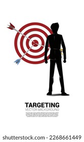 silhouette of businessman and  arrow on center of dartboard. Business Concept of targeting and customer.Company vision mission.