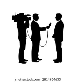Silhouette of a businessman being interviewed by a journalist holding a microphone, with a camera operator recording the scene.