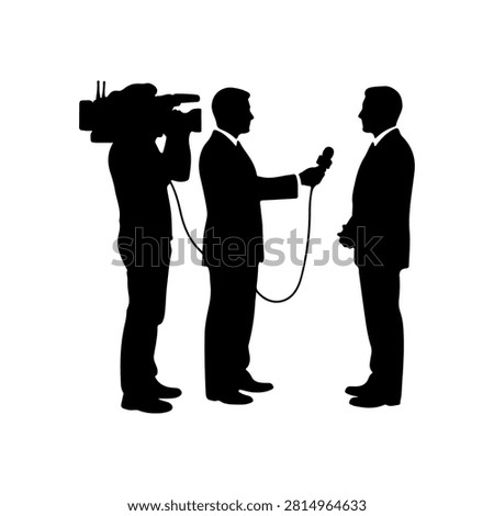 Silhouette of a businessman being interviewed by a journalist holding a microphone, with a camera operator recording the scene.