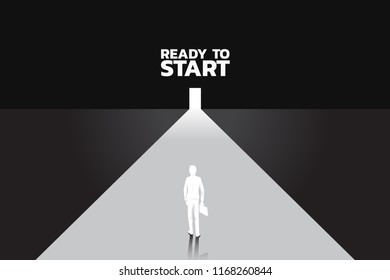 Silhouette of businessman with briefcase step forward to outside the door. Concept of people ready to start career and business. find the way out