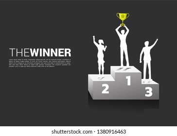 Silhouette of businessman and businesswoman with champion trophy on podium. Business Concept of winner and success